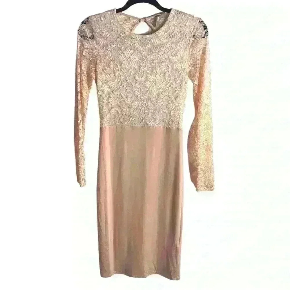 ASOS Size 8 Long Lace Sleeve Mini Dress Pink Open Back Ballet Dantiy Feminine